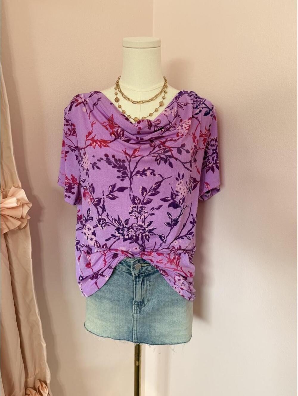 Y2K Jaclyn Smith Purple Floral Cowl Neck Top | Cottagecore Lilac Drape Blouse |L